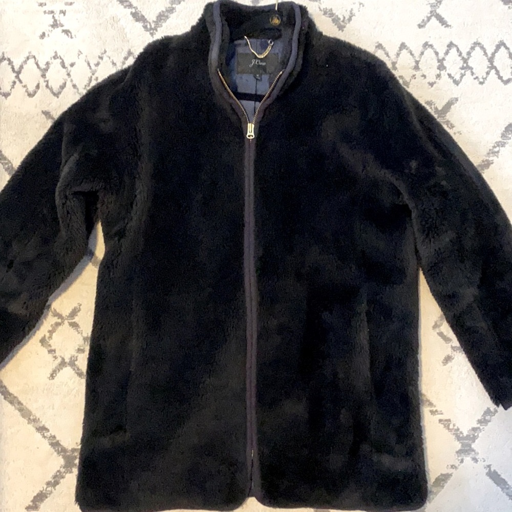 Black faux fur J. Crew jacket, oversized fit!